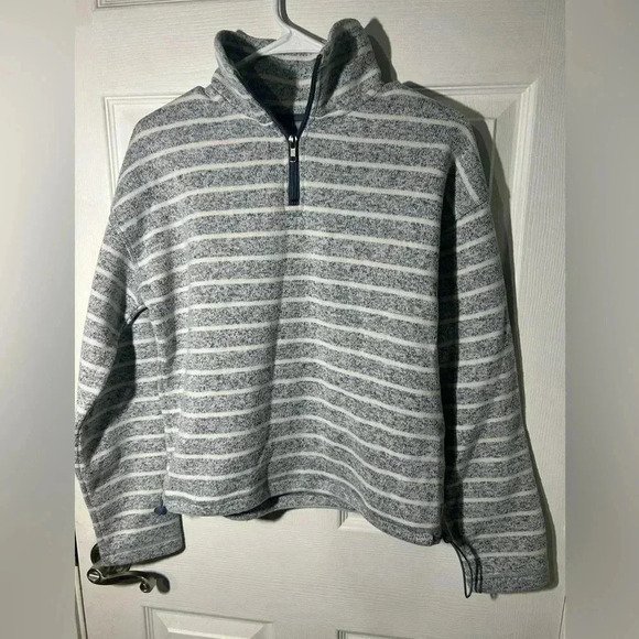 Thread & Supply indigo & white stripped 1/4 zip pullover sweatshirt. Size small - Picture 1 of 9
